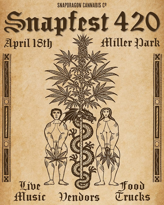 Snapfest 420 2026 hosted by Snapdragon Cannabis Co. Saturday April 18th 2028. Miller Park. Live Music. Vendors. Food Trucks
