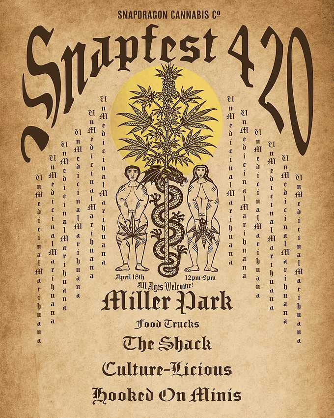 Snapfest 420 2026 hosted by Snapdragon Cannabis Co. Saturday April 18th 2028. Miller Park. Live Music. Vendors. Food Trucks